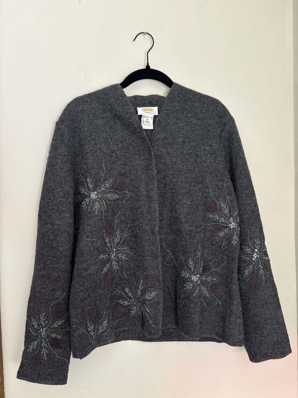 Talbots Gray Wool Grandma Cozy Floral Embroidered Sequin Cardigan Sz M